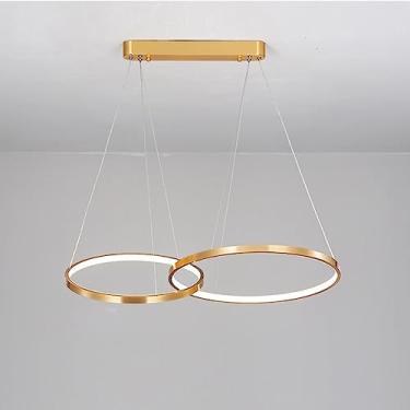 Imagem de Luminária pendente LED moderna para mesa de jantar, com intensidade regulável e controle remoto, além de design com anéis redondos para sala de estar (2 anéis).