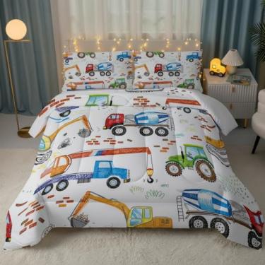 Imagem de QOOMO Conjunto de cama queen para carro de construção, caminhão, maquinário, infantil, adequado para veículos de engenharia, meninas e meninos, preto, decoram um quarto, conjunto de 3 peças