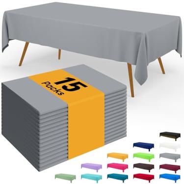 Imagem de Smiry Toalha de mesa descartável – pacote com 15, toalhas de mesa retangulares impermeáveis de 137 x 272 cm para festas, capa de mesa de plástico decorativa, à prova de vazamento e resistente, cinza