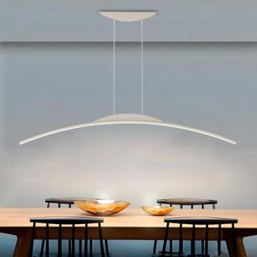 Imagem de Luminária pendente LED moderna em arco | Luminária linear regulável para mesa de jantar com controle remoto | Luminária suspensa com altura ajustável | Lustre para sala de estar e ilha de co