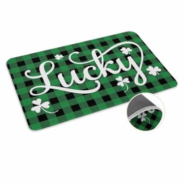 Imagem de Capachos xadrez de búfalo do Dia de São Patrício, para ambientes internos, trevo da sorte, antiderrapante, para entrada de casa, banheiro, cozinha, quarto, 60 x 40 cm, rústico, verde, preto