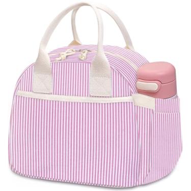 Imagem de Carry bloom Lancheira para mulheres, lancheira isolada, linda lancheira de veludo cotelê, reutilizável para o trabalho (1 listras rosa brancas)