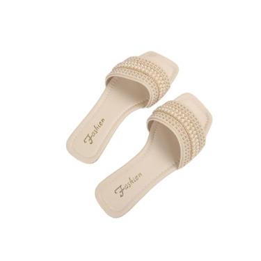 Imagem de Verdusa Sandália feminina Boho Pérolas Plana Praia Férias Quadradas Abertas Deslizantes, Bege, 39