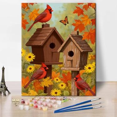 Imagem de TUMOVO Pintura por números para adultos pássaro DIY outono jardim pintura em tela por números pássaro vermelho kit de pintura a óleo acrílica decoração de parede para sala de estar fácil de desenhar