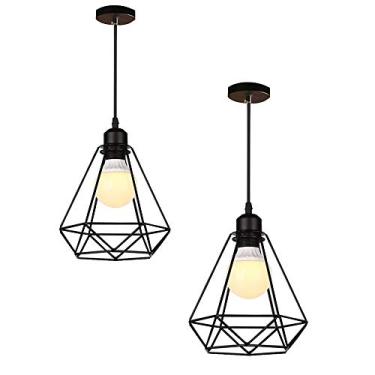 Imagem de 2 peças ® Luminária pendente moderna vintage industrial retrô com gaiola de metal para loft/bar, 1 base E27 (preta), Ø20 x 27 cm