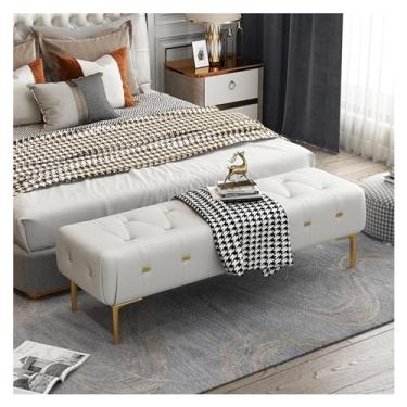 Imagem de Banco estofado moderno com assento acolchoado, banco para os pés com perna de metal resistente, banco de couro para quarto, sala de estar, entrada decorativa (cinza claro, 100 x 40 x 43 cm)