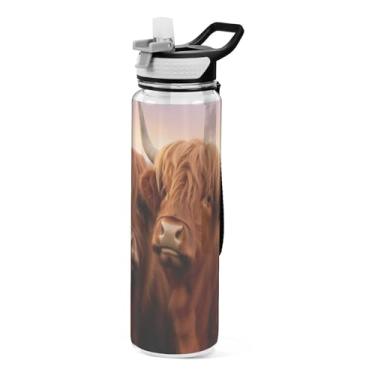 Imagem de Burbuja Garrafa de água Highland Cows de 940 ml com tampa de palha, à prova de vazamento e livre de BPA para academia, esportes ao ar livre
