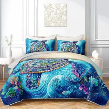 Imagem de XYNHML Jogo de cama casal de tartaruga azul, 3 peças, aquarela, flor, tartaruga, oceano, animal, coral, algas marinhas, estrela-do-mar, colcha com 2 fronhas para decoração de quarto de crianças