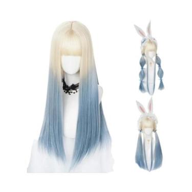 Imagem de Peruca Sintética Longa E Lisa Ombre Prata Cinza Azul Com Franja Para C