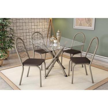Imagem de Conjunto: Mesa Sala Jantar Volga C- Tampo De Vidro 90cm E 4 Cadeiras Holanda Niquel - Courano Marrom - Kappesberg