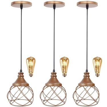 Imagem de 3 Pendente Aramado E s f e r a B a l o n ê + 3 Lâmpada Lustre Luminária Teto Regulável Sala Cozinha Industrial