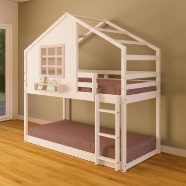 Imagem de Beliche Montessoriano Casinha Com Janela Madeira Maciça Branco/rosa Ho