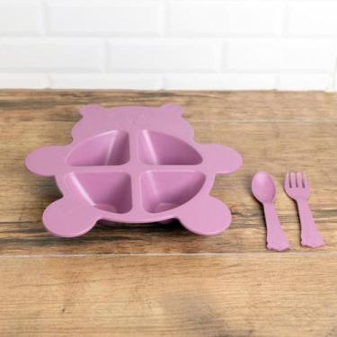 Imagem de Prato com 2 Talheres Lyor Baby Bear de Bambu e PP Rosa.