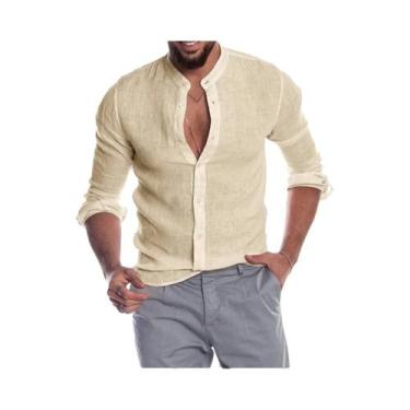 Imagem de Camisa Masculina De Verão Em Algodão E Linho De Cor Sólida, Manga Long