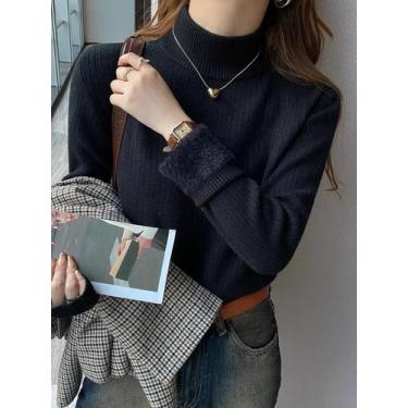 Imagem de Suéter Feminino De Gola Alta Grosso De Inverno Retrô Forrado Com Velud