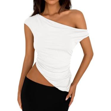 Imagem de Blusa Feminina PRETTYGARDEN Cropped Ombro Único Franzido Branca P