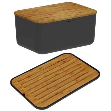 Imagem de Conjunto Tábua Migalheira e Porta Pães com Tampa Bambu Preto Organizador Bolos Biscoitos Ou