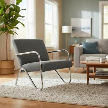 Imagem de Poltrona Decorativa Bela Linho Cinza Braço Cromado - Mansão Decor
