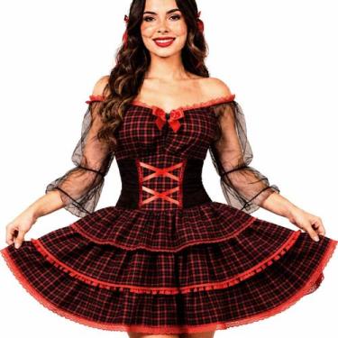Imagem de Vestido Festa Junina Adulto Feminino Luxo Xadrez Com Corset e Mangas d