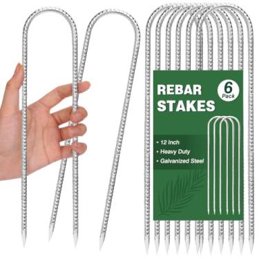 Imagem de CEWOR Pacote com 6 estacas de vergalhão de 30,5 cm, estacas de trampolim galvanizadas com gancho em U, âncoras de terra de vento alto para barraca de acampamento, cerca de elo de corrente, grampos de