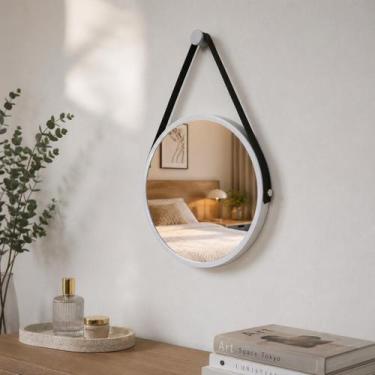 Imagem de Espelho Redondo Decorativo Suspenso Com Alça 40cm Suporte Branco Alça 