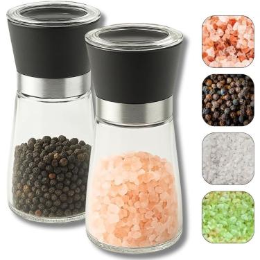 Imagem de Kit 2 Moedores de Temperos Sal Grosso e Pimenta do Reino com Moagem Cerâmica e Tampa Preta com Anel de Aço
