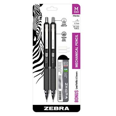 Imagem de Zebra Pen Lapiseira M-350, cano de metal premium preto espacial, ponta média, 0,7 mm, pacote com 2 refis de grafite e borracha