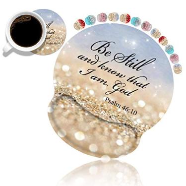 Imagem de Mouse pad ergonômico para suporte de pulso e porta-copos, mouse pad para jogos com tecido de lycra, base de poliuretano antiderrapante para computador, laptop, casa, escritório, arco-íris, glitter, versículo da Bíblia Salmo 46:10