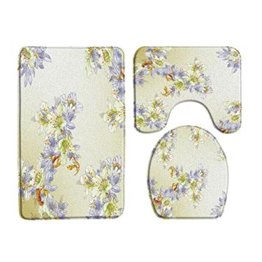 Imagem de Tapete de banho de flores roxas 3 peças conjunto planta floral tapete de banheiro decoração de banheira tapete antiderrapante produtos de banheiro, 1200x, 3 pcs tapetes, 450mmx750mm