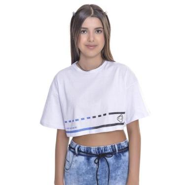 Imagem de Camiseta Cropped Juvenil Feminino Amofany Barrado Smile - Branco - M -