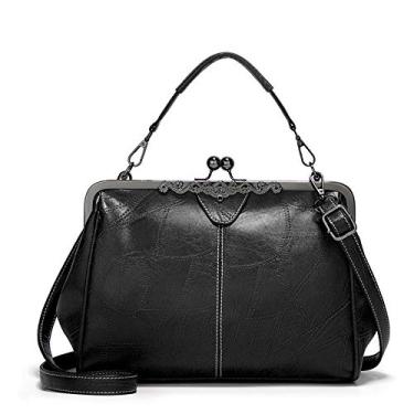 Imagem de Segater® Bolsa feminina retrô oca de couro PU com cera de óleo Kiss Lock Bolsa tiracolo vintage bolsa carteiro, Preto, One Size