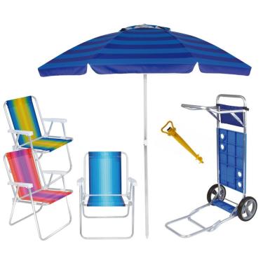 Imagem de Kit Praia Carrinho Com Avanço + 3 Cadeira Alumínio Alta + Guarda Sol 2m + Saca Areia - Mor