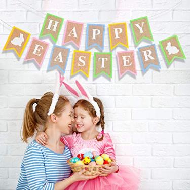 Imagem de Chuangdi 2 peças Banners de juta de Páscoa guirlanda de feltro Feltro Páscoa Feliz e Padrão de Coelhinho para Suprimentos de Festa de Páscoa