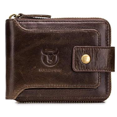 Imagem de BULLCAPTAIN Carteira masculina RFID de couro legítimo com grande capacidade, janela para identidade e bolso de moedas com zíper QB-231, Café, Small, Minimalista