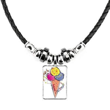 Imagem de DIYthinker Colar de Ilustração de Elementos de Bola de Sorvete Azul Amarelo Vermelho Pingente de Corda de Couro