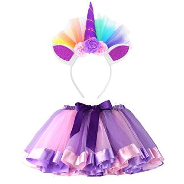 Imagem de Saia tutu de arco-íris em camadas LYLKD para meninas pequenas com tiara de chifre de unicórnio (roxo, 2-4T)