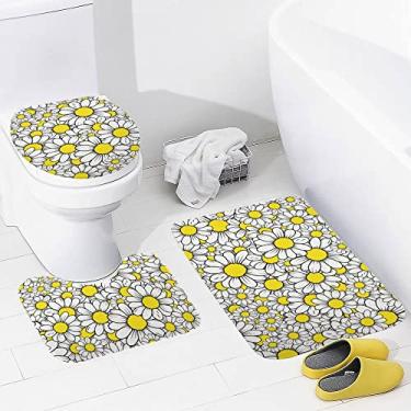 Imagem de Conjunto de tapetes de banheiro 3 peças amarelo branco, margarida, floral, lavável, tapete antiderrapante, tapete de contorno e tampa para banheiro