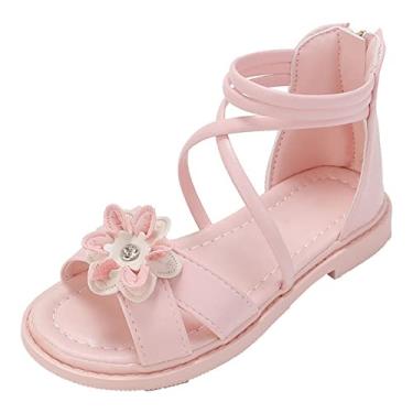 Imagem de Sandálias romanas florais para meninas de verão sem bico aberto no tornozelo com zíper no calcanhar para crianças pequenas/grandes bailarina, rosa, 2 Big Kid