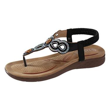 Imagem de Sandálias de anabela para mulheres e mulheres sandálias de anabela elástica tira no tornozelo casual boêmio sapatos de praia decoração de strass dedo do pé sandálias tanga (preto, 8)