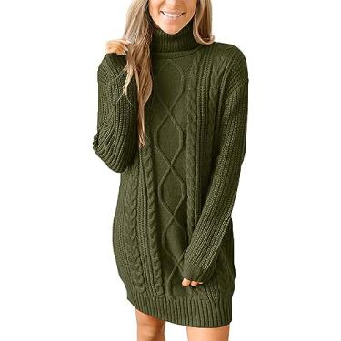 Imagem de Vestido feminino fashion cor sólida manga longa gola redonda pulôver suéter vestido bonito camisa vestido, Verde, M