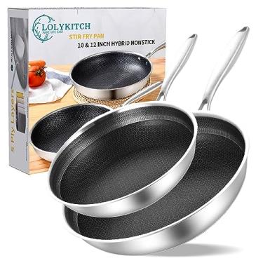 Imagem de LOLYKITCH Conjunto de frigideira, frigideira, frigideira, indução, de aço inoxidável, antiaderente de aço inoxidável de 25 a 30 cm, seguro para forno e lava-louças.
