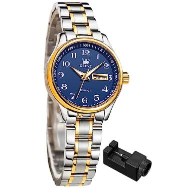 Imagem de OLEVS Relógios femininos para negócios, vestido feminino, para relógio de pulso pequeno, dourado, prateado, pulseira de aço inoxidável, analógico, quartzo, dia, data, à prova d'água, relógios