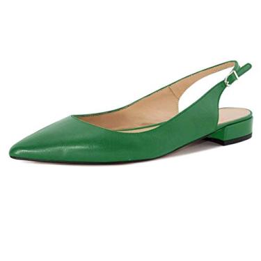 Imagem de Fericzot Sapatos femininos sensuais sandálias de bico fino salto baixo quadrado fivela Drees Flat Shoes Plus Size, Verde-PU, 7.5