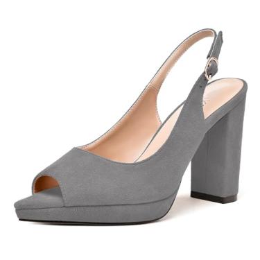 Imagem de WAYDERNS Sapato feminino com alça ajustável peep toe para noiva camurça fivela plataforma bloco sólido salto alto sapatos 10 centímetros, Cinza, 10.5