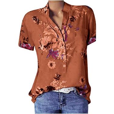 Imagem de Camiseta feminina verão manga curta botão gola V túnica blusa solta estampada camiseta gráfica com bolso Camiseta havaiano Pescoço Casual 2023 baixa curto Top flor floral K59-Marrom 4X-Large