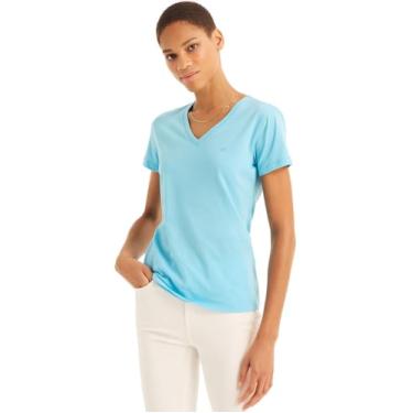 Imagem de Nautica Camiseta feminina de algodão elástico supermacia com decote em V e conforto fácil, (Nova coleção feita de forma sustentável) Gruta azul, M