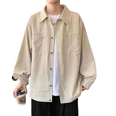 Imagem de WOLONG Camisa masculina de veludo cotelê primavera outono manga longa jaqueta masculina solta retrô camisa masculina, 6628 Kahki, G