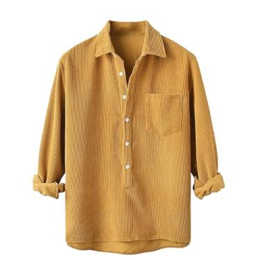 Imagem de WOLONG Camisa masculina casual, trespassada, formal, negócios, veludo, manga comprida, lisa, caimento justo, camisa masculina, Amarelo, PP