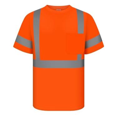 Imagem de TCCFCCT Camisetas masculinas Hi Vis Classe 3 de alta visibilidade com bolso, camisas de trabalho de construção de manga curta com tiras refletivas, camisas refletivas duráveis, respiráveis, DC-laranja