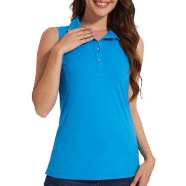 Imagem de Casei Camisetas polo femininas de golfe sem mangas FPS 50+ secagem rápida com gola regata atlética, Água-marinha, GG